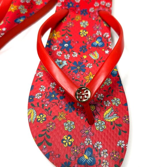 Tory Burch Rubber Flip Flop Thongs in Red Floral Size 11 - Picture 3 of 4